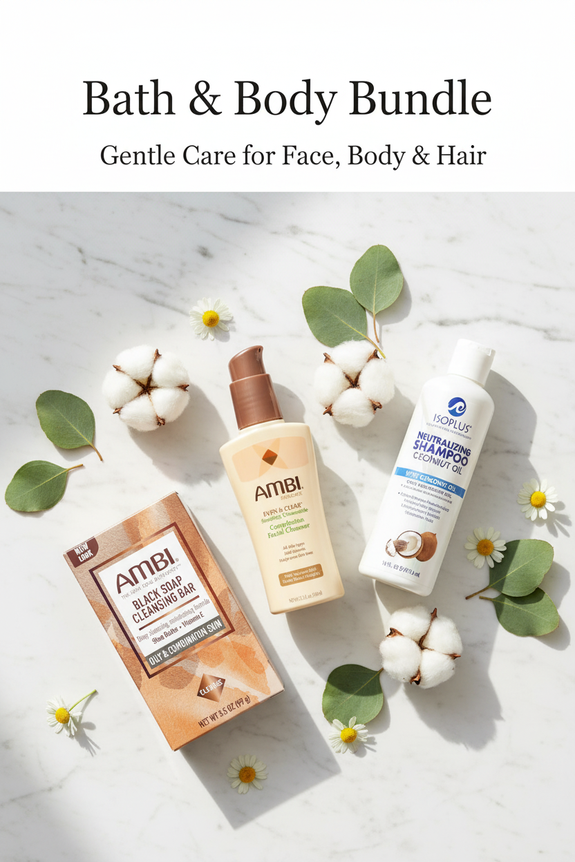 Bath & Body Bundle – Ambi Chamomile Cleanser, Ambi Black Soap & Isoplus Neutralizing Shampoo Bath & Body Bundle - Natural